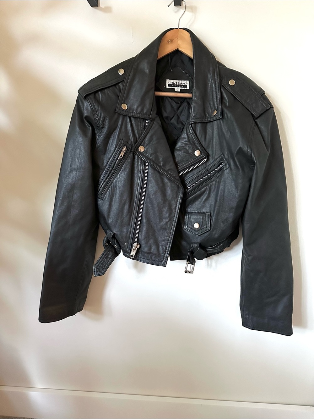 VTG 80s 90s Black 100% Leather Cropped Moto Belted Jacket Indy Biker Grunge